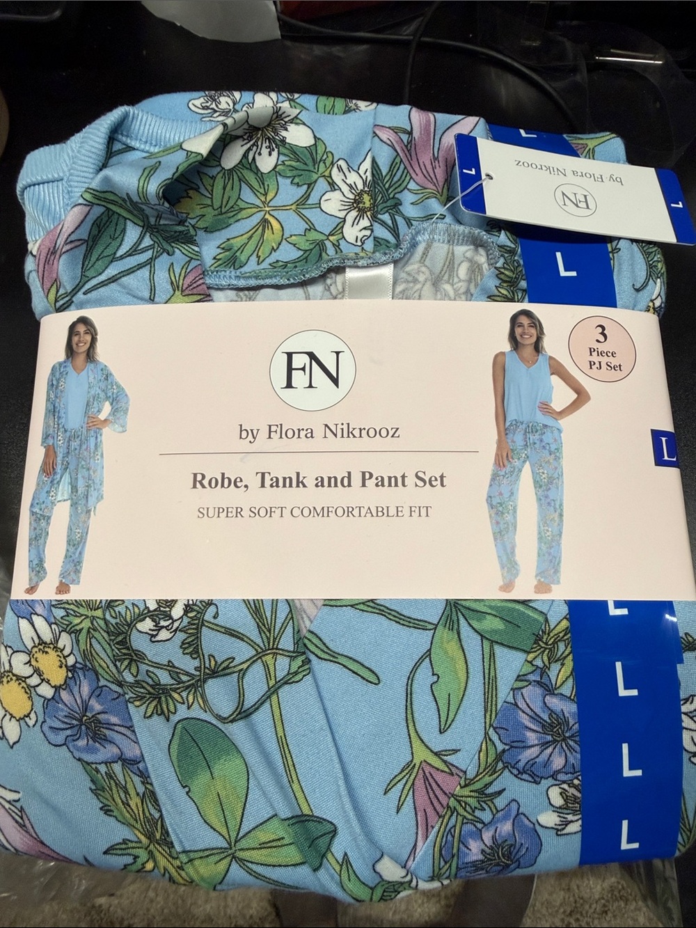 Flora Nikrooz Light Blue Floral Robe, Tank & Pants Set